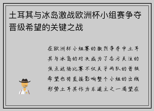 土耳其与冰岛激战欧洲杯小组赛争夺晋级希望的关键之战